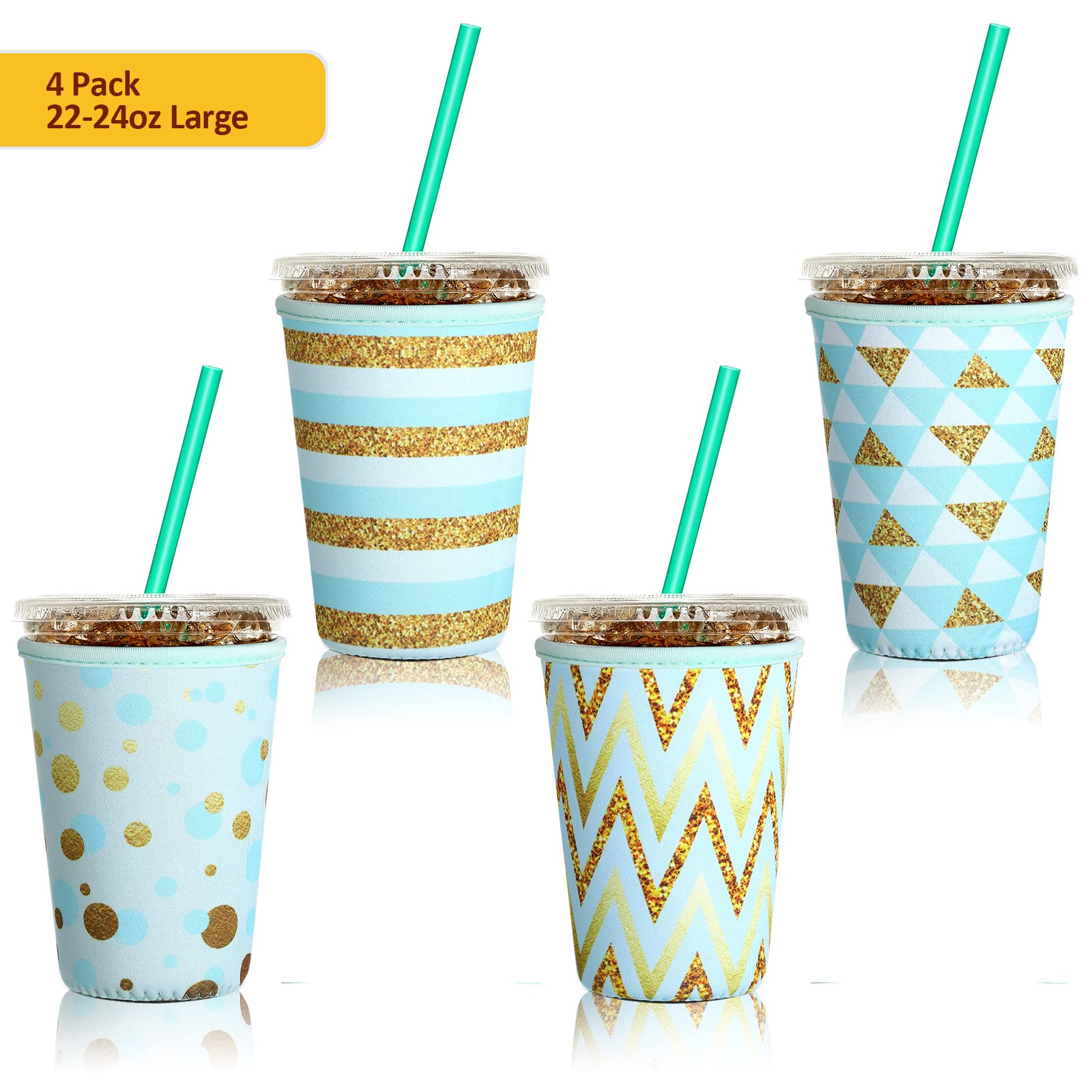 Patelai 4 Pieces Reusable Coffee Sleeve Cup Insulator For Cold Drinks Beverages And Holder For Most Coffee (22-24 Oz Medium,Gree